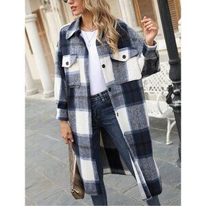 Navy Blue Plaid Print Button Down‎ Long Midi Trench Flannel Jacket Shacket Coat